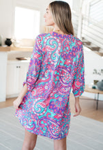 Load image into Gallery viewer, Lizzy Dress in Purple and Aqua Paisley
