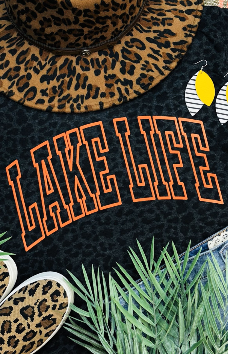 Lake Life ORANGE PUFF Black Leopard Boxy Crop Tee