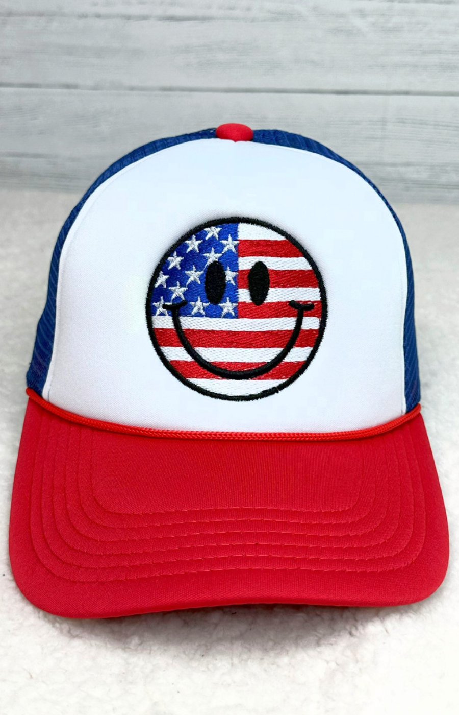 Happy Face American Flag Embroidered Trucker Hat