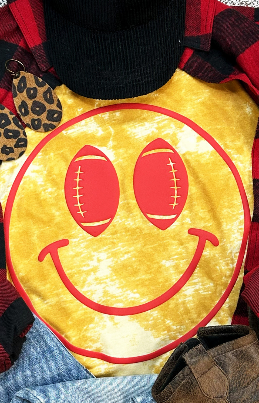 Happy Face Football Red PUFF Gold Tie Dye Tee