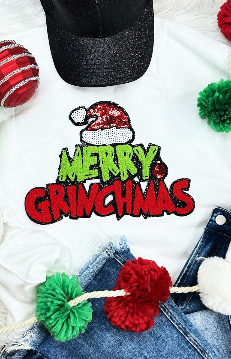 Merry Grinchmas Chenille White Crewneck Sweatshirt