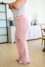 Load image into Gallery viewer, Feminine Flair Mid Rise Distressed Flares in Pastel Pink
