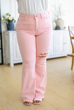 Load image into Gallery viewer, Feminine Flair Mid Rise Distressed Flares in Pastel Pink
