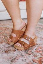 Load image into Gallery viewer, Walk Me Out Buckle Wedge Sandal Cognac
