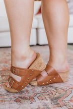 Load image into Gallery viewer, Walk Me Out Buckle Wedge Sandal Cognac
